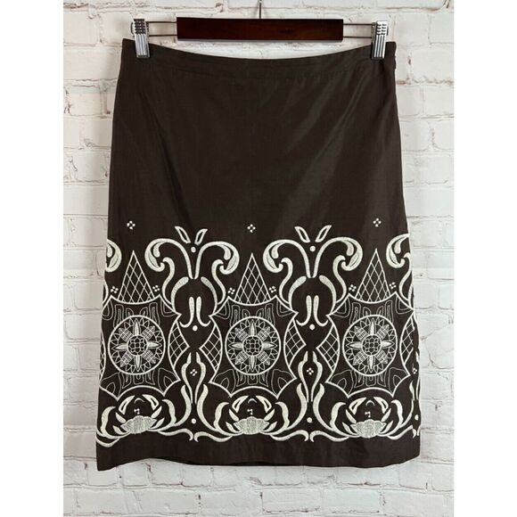 ANN TAYLOR LOFT brown embroidered cotton lined A-line skirt size 6 - Picture 1 of 5